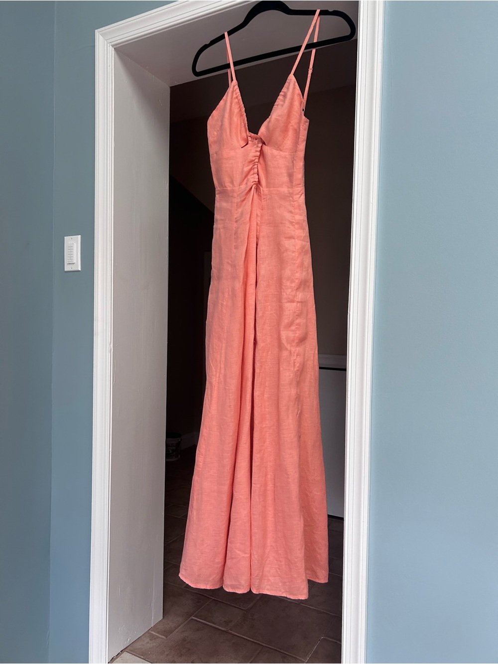 Spaghetti-Strap Coral Midi Dress with Ruched Front